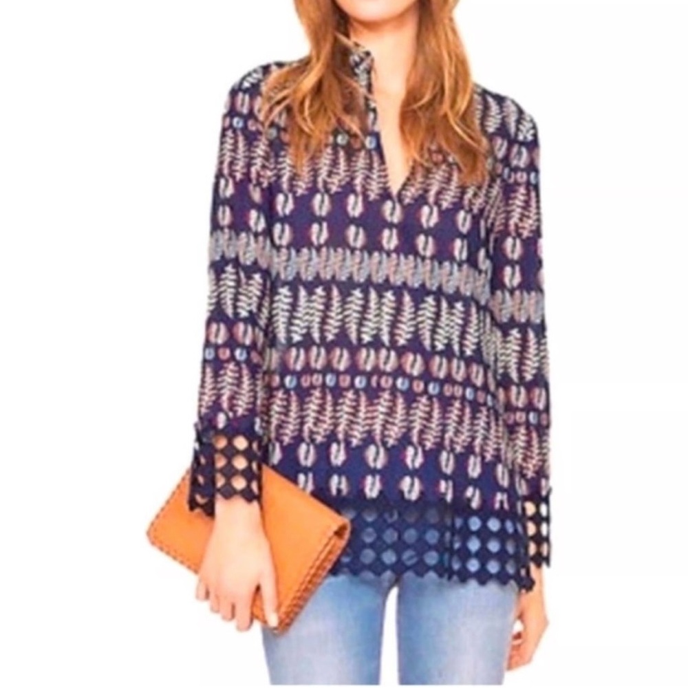 Tory Burch Navy Patterned V-Neck Tunic with Crochet Hem